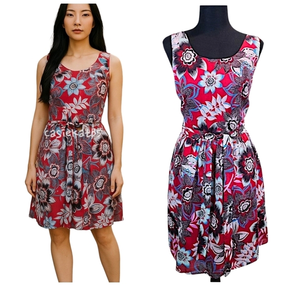 Talbots Red Jacquard Floral Tie Waist Fit & Flare Dress 10P Cotton Preppy Summer - Picture 1 of 16